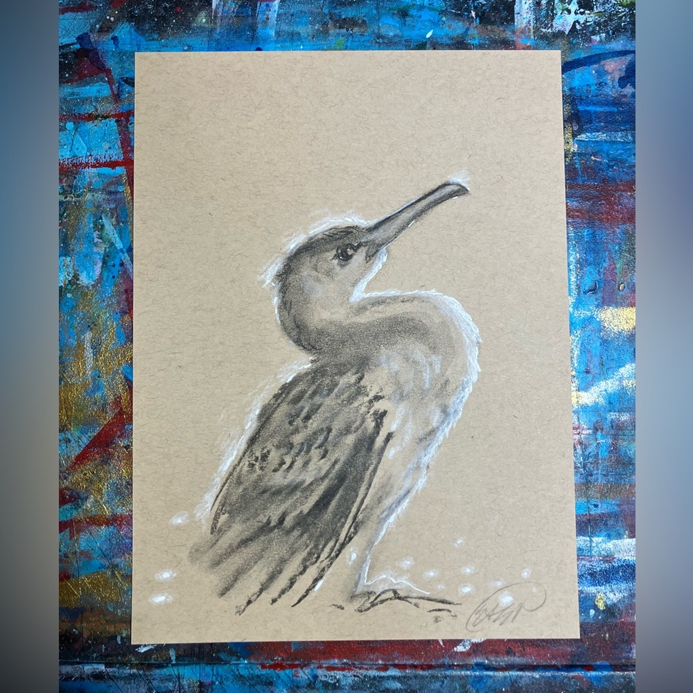 Original Cormorant painting bird art charcoal pastel chick home decor Artettina